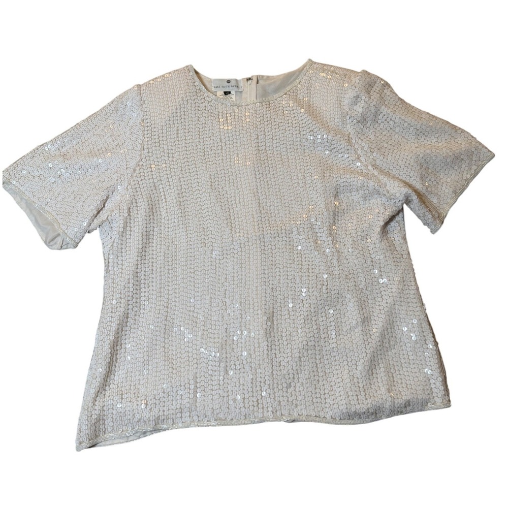 Vintage Saks Fifth Avenue White Silk Sequin Top Short Sleeve Evening Blouse XL